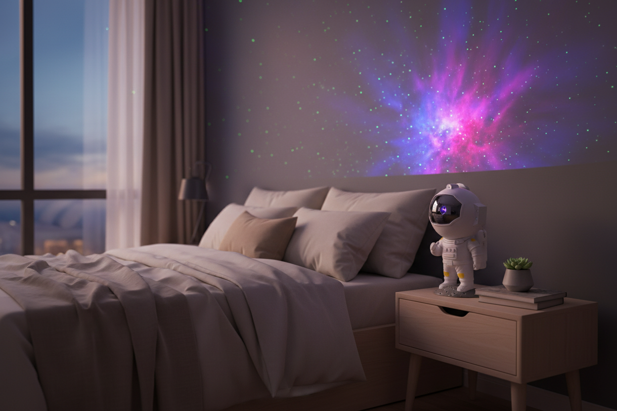 Astronaut Nebula Projector in cozy bedroom setting